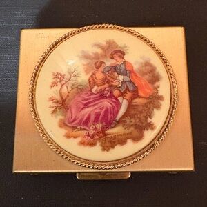 Vintage Gold tone Pill Box Porcelain Romantic Scene “Fragonard" courting couple